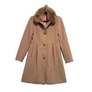 Faux Fur Wool Pea coat Kate Spade XS Tan Pink Satin Lined Preppy mod chic